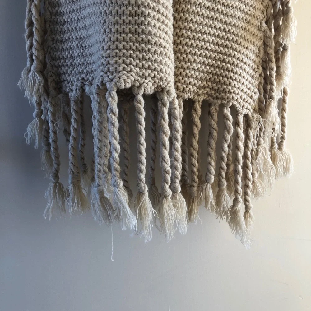 Ily Couture Tan Camel Chunky Knit Tassel Fringe Scarf Oversized Cozy Neutral